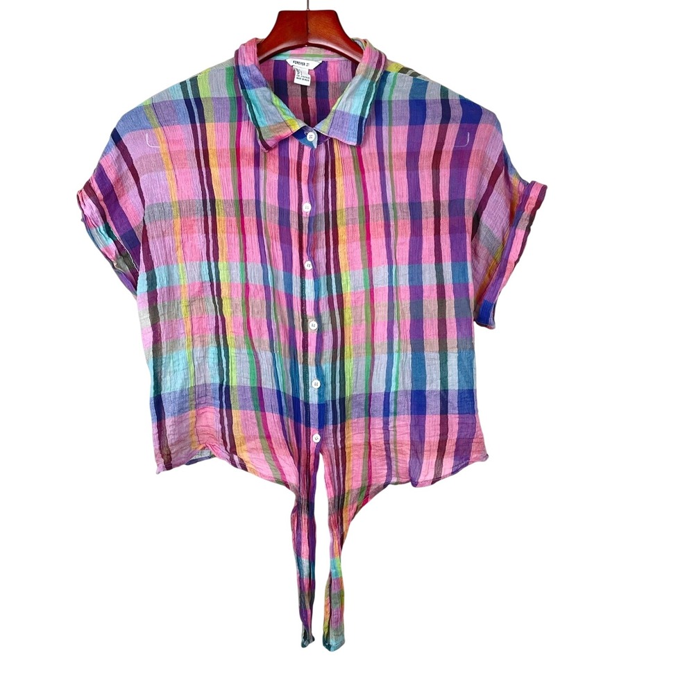 Top Sz L %100 Cotton Western Plaid Indie Grunge Cropped Twee Retro Rainbow Boho